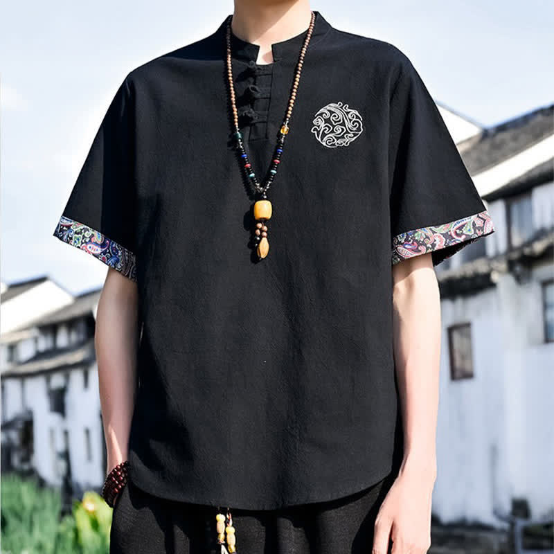 Nimara Ritual Summer Tang Style Casual Frog Button Embroidery Men's Short Sleeve Shirts