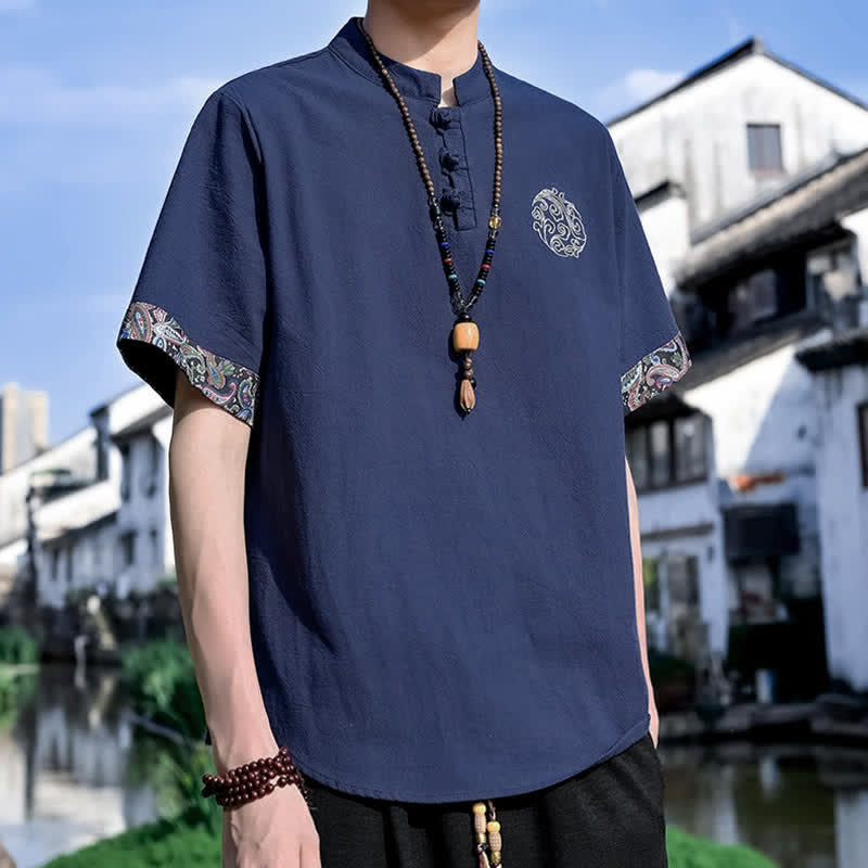 Nimara Ritual Summer Tang Style Casual Frog Button Embroidery Men's Short Sleeve Shirts