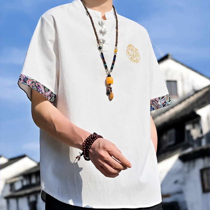 Nimara Ritual Summer Tang Style Casual Frog Button Embroidery Men's Short Sleeve Shirts