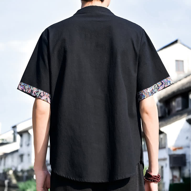 Nimara Ritual Summer Tang Style Casual Frog Button Embroidery Men's Short Sleeve Shirts