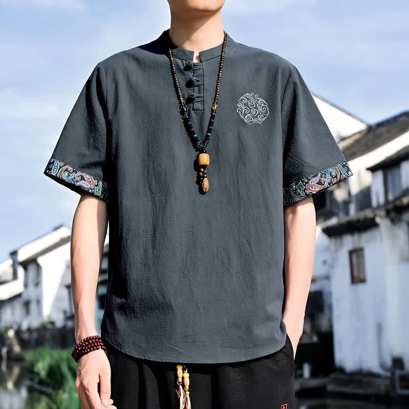 Nimara Ritual Summer Tang Style Casual Frog Button Embroidery Men's Short Sleeve Shirts