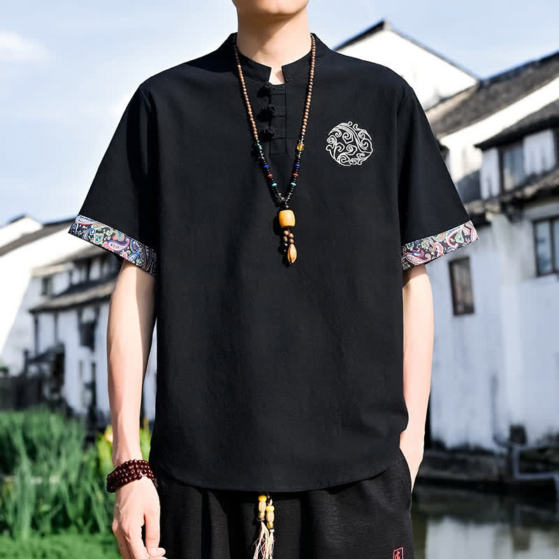Nimara Ritual Summer Tang Style Casual Frog Button Embroidery Men's Short Sleeve Shirts