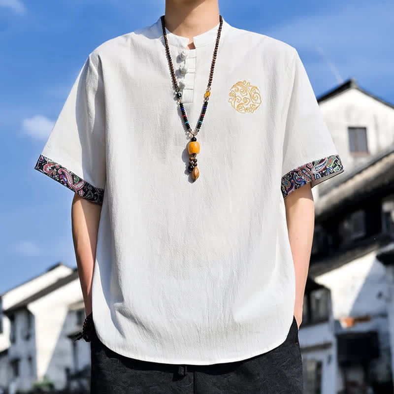 Nimara Ritual Summer Tang Style Casual Frog Button Embroidery Men's Short Sleeve Shirts