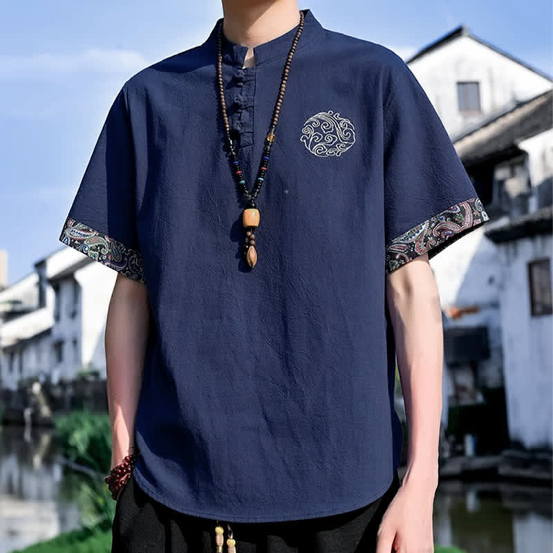Nimara Ritual Summer Tang Style Casual Frog Button Embroidery Men's Short Sleeve Shirts
