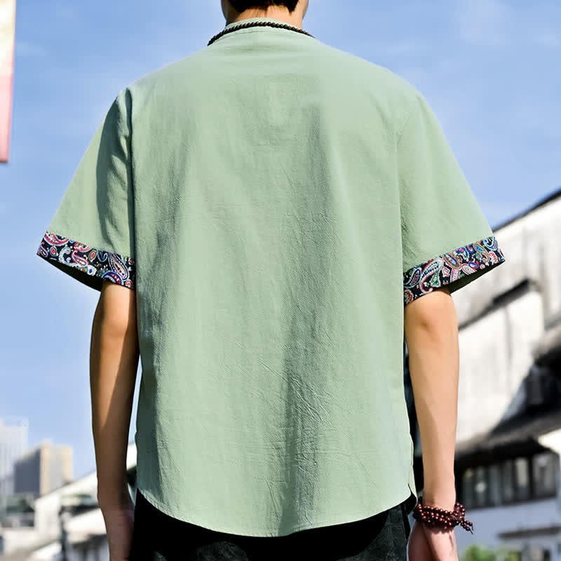 Nimara Ritual Summer Tang Style Casual Frog Button Embroidery Men's Short Sleeve Shirts
