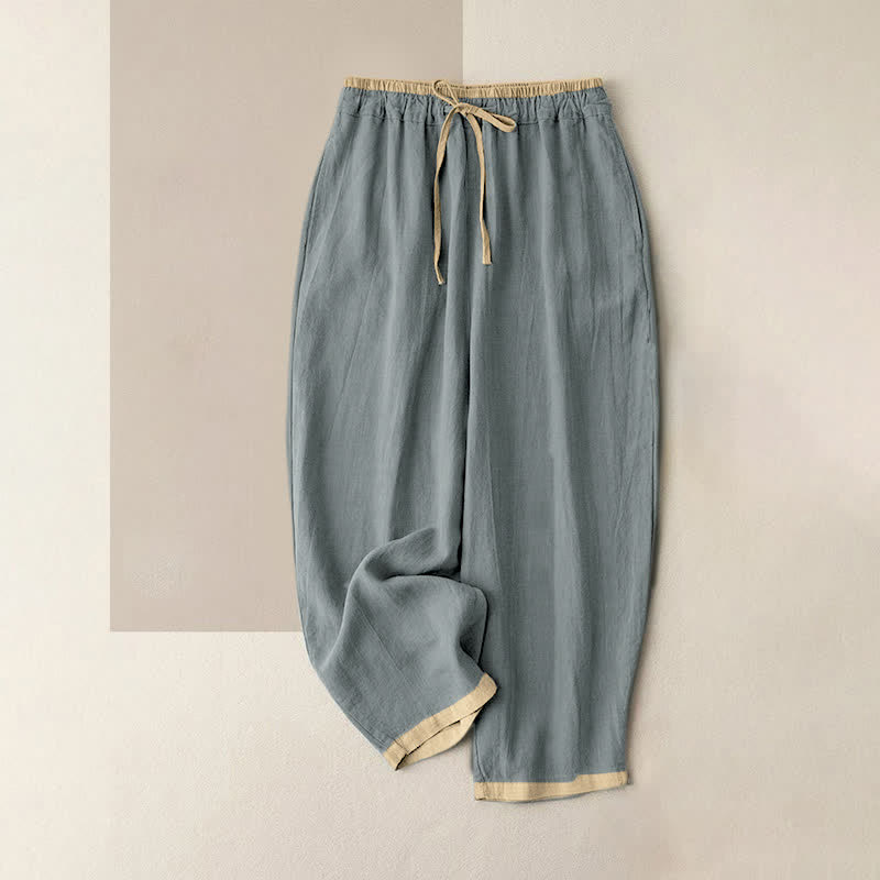 Nimara Ritual Minimal Contrast Trim Pattern Cotton Linen Women's Elastic Waist Pants With Pockets