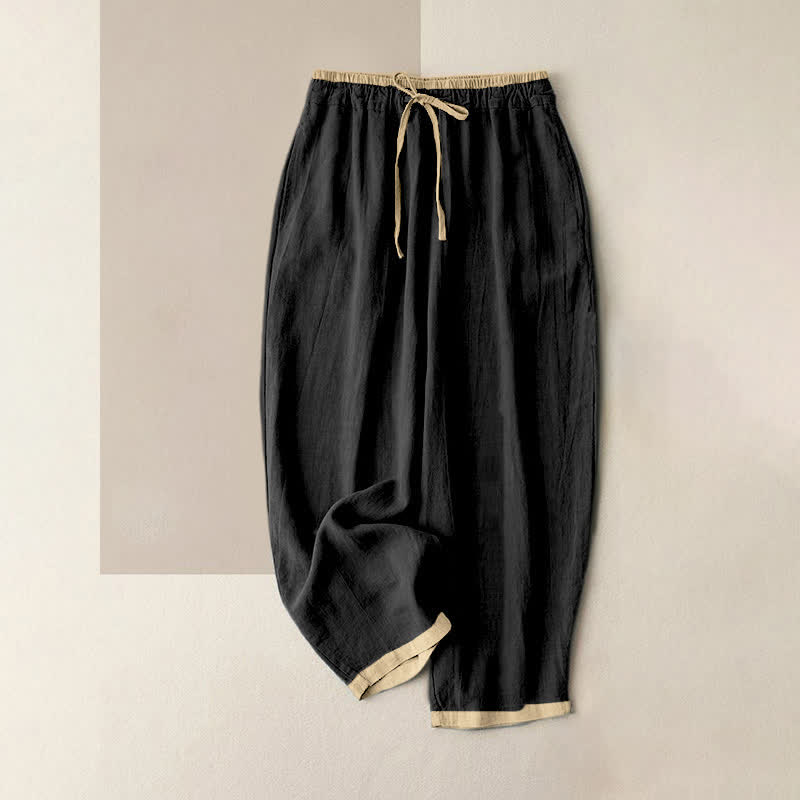 Nimara Ritual Minimal Contrast Trim Pattern Cotton Linen Women's Elastic Waist Pants With Pockets