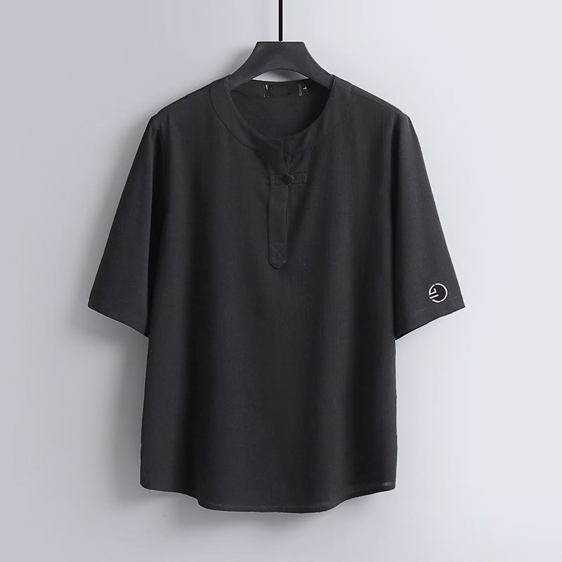Nimara Ritual Summer Tang Style Casual Pankou Crew Neck Solid Men's Short Sleeve Shirts