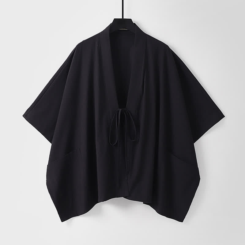 Nimara Ritual Summer Minimalist Drawstring Lace-up Solid Short Sleeve Men's Kimono With Pockets