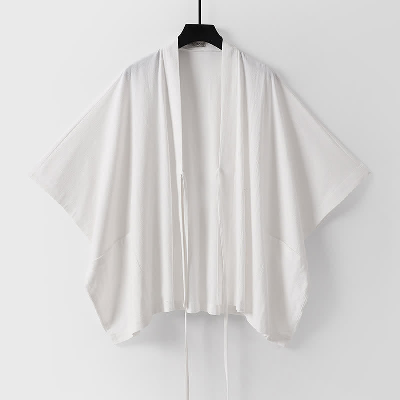 Nimara Ritual Summer Minimalist Drawstring Lace-up Solid Short Sleeve Men's Kimono With Pockets