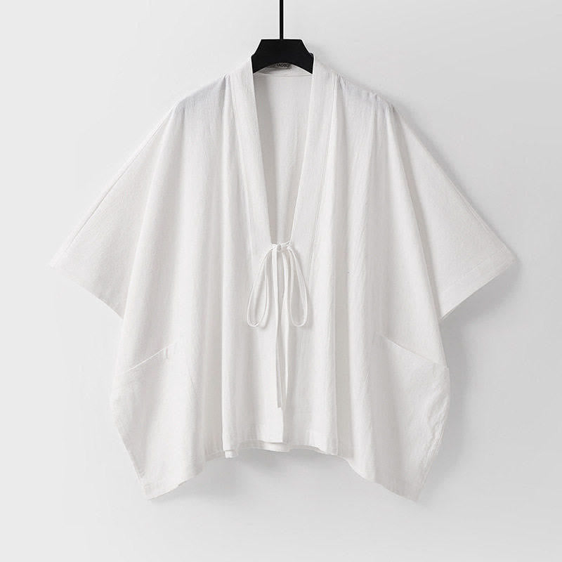 Nimara Ritual Summer Minimalist Drawstring Lace-up Solid Short Sleeve Men's Kimono With Pockets