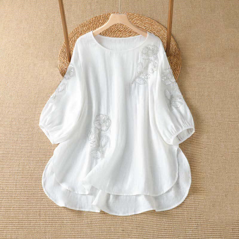 Nimara Ritual Summer Casual Elegant Embroidery White Floral Crew Neck Women's Long Sleeve T-Shirt