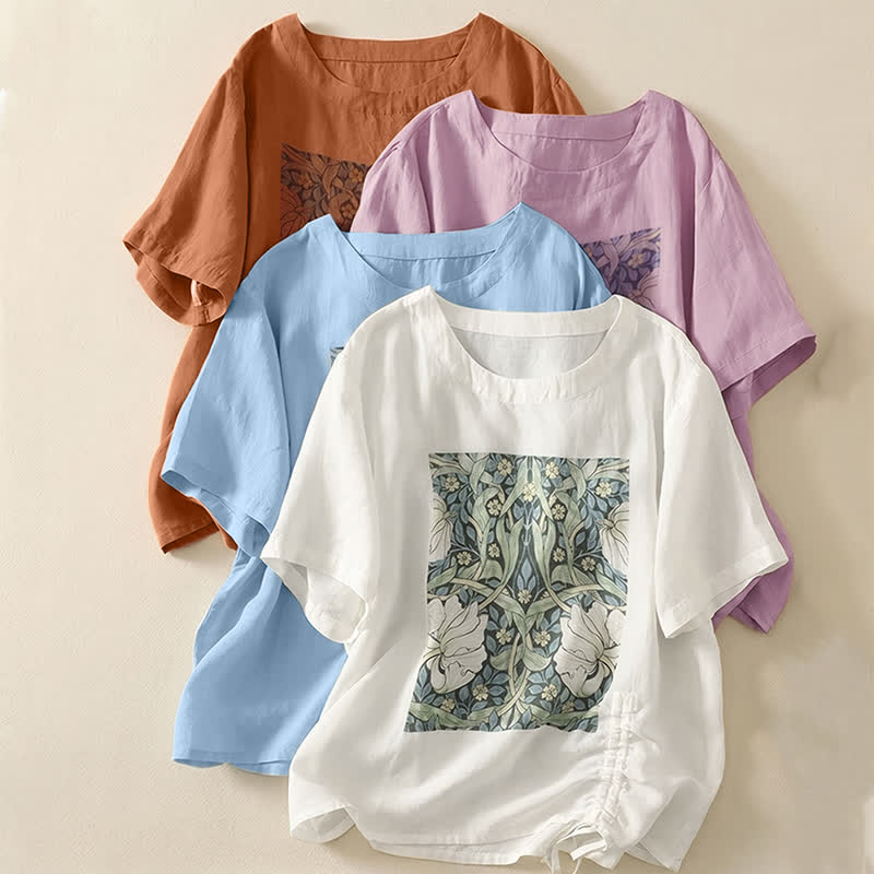 Nimara Ritual Summer Casual Vintage Drawstring Abstract Flowers Print Women's Short Sleeve T-Shirts