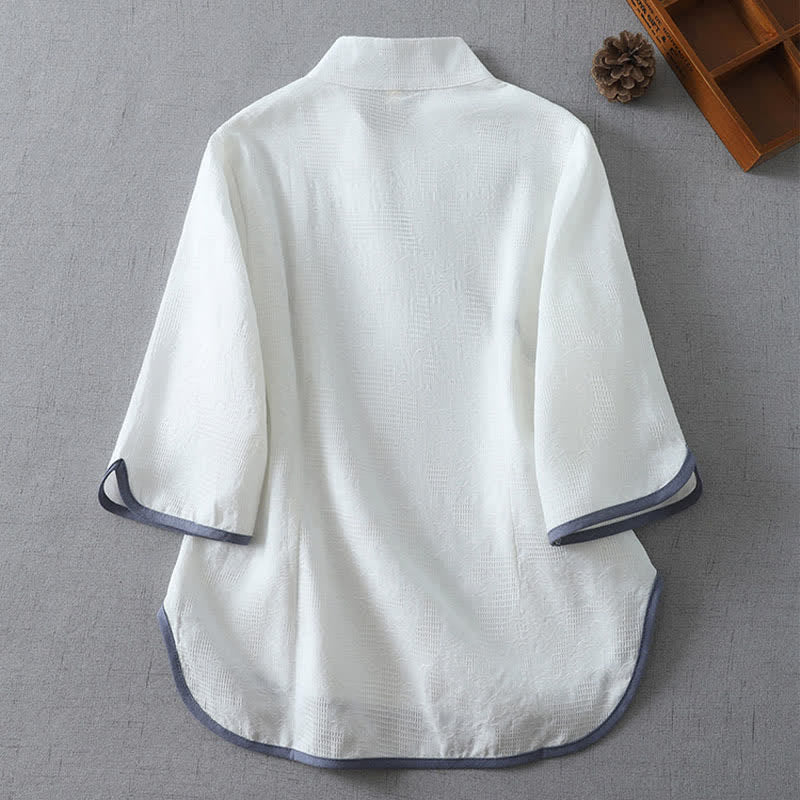 Nimara Ritual Summer Tang Style Minimalist Mandarin Collar Frog Button Solid Women's Short Sleeve Shirts