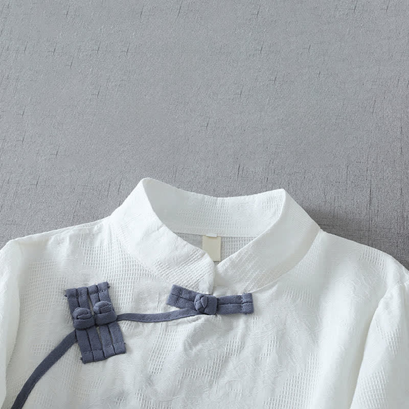Nimara Ritual Summer Tang Style Minimalist Mandarin Collar Frog Button Solid Women's Short Sleeve Shirts