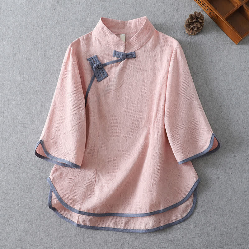 Nimara Ritual Summer Tang Style Minimalist Mandarin Collar Frog Button Solid Women's Short Sleeve Shirts