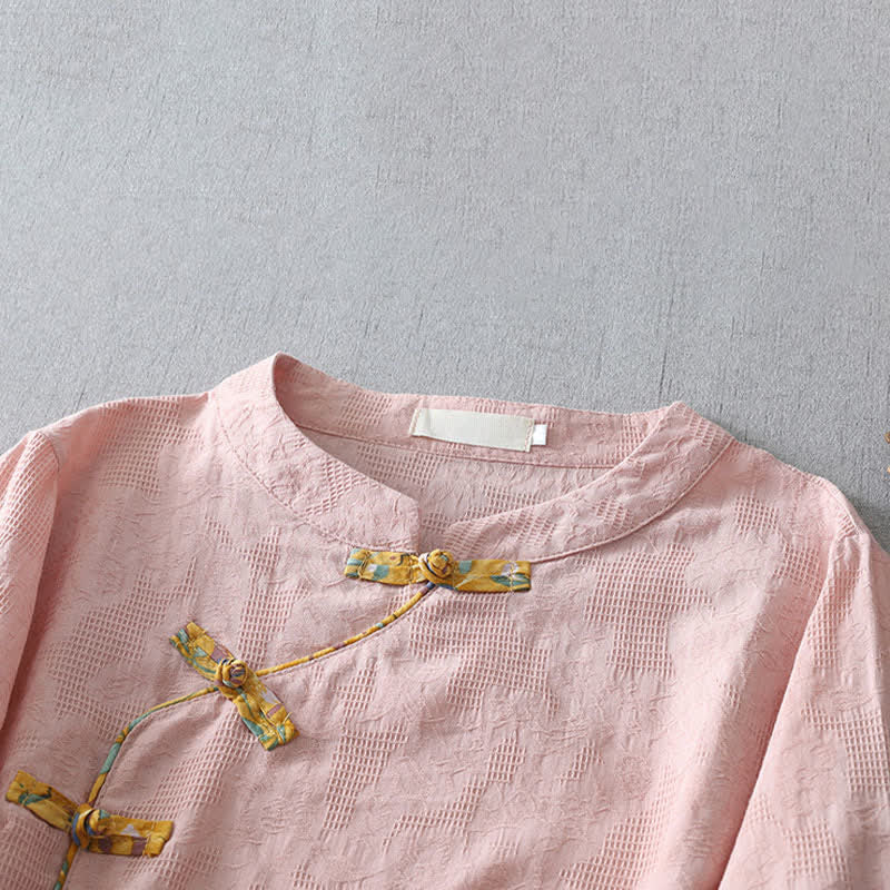 Nimara Ritual Summer Tang Style Casual Frog Button Solid Women's Elbow-Length Sleeve Shirts