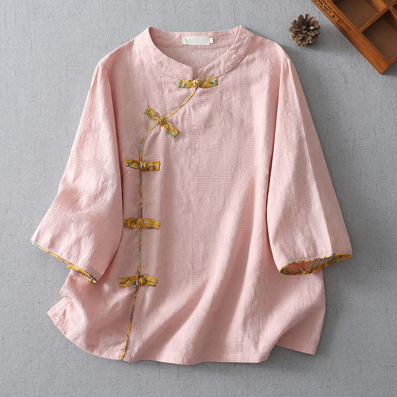 Nimara Ritual Summer Tang Style Casual Frog Button Solid Women's Elbow-Length Sleeve Shirts