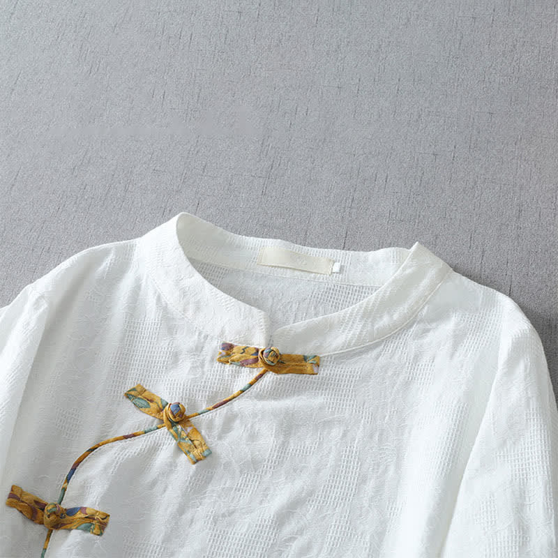 Nimara Ritual Summer Tang Style Casual Frog Button Solid Women's Elbow-Length Sleeve Shirts
