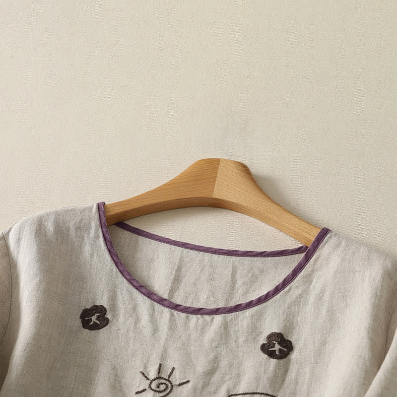 Nimara Ritual Summer Casual Vintage Abstract Sun Flowers Character Embroidery Women's Short Sleeve T-Shirts