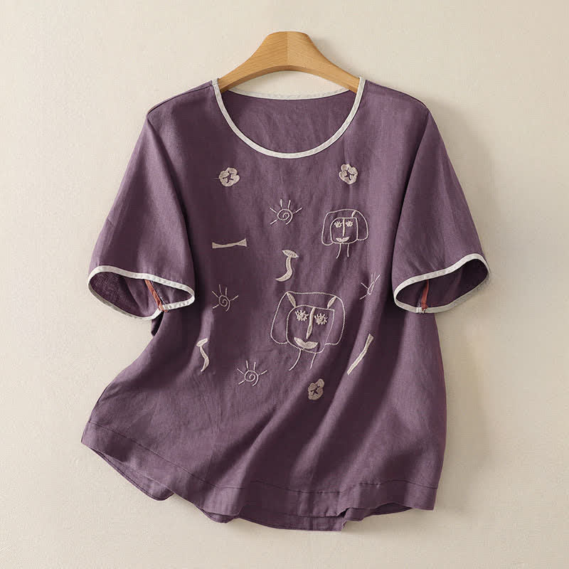 Nimara Ritual Summer Casual Vintage Abstract Sun Flowers Character Embroidery Women's Short Sleeve T-Shirts