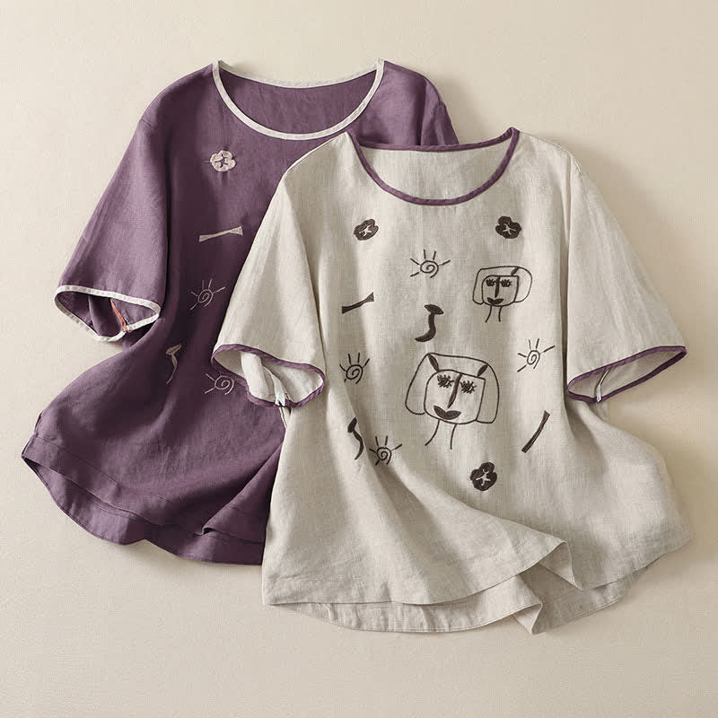 Nimara Ritual Summer Casual Vintage Abstract Sun Flowers Character Embroidery Women's Short Sleeve T-Shirts