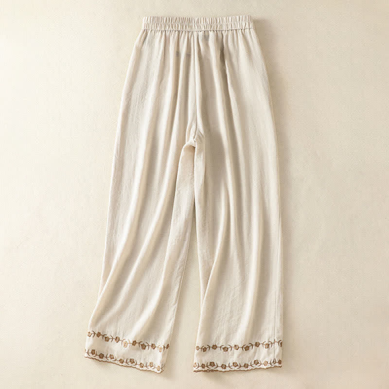 Nimara Ritual Summer Casual Vintage Embroidery Floral Cropped Pants Women's Straight Leg Pants With Pocket