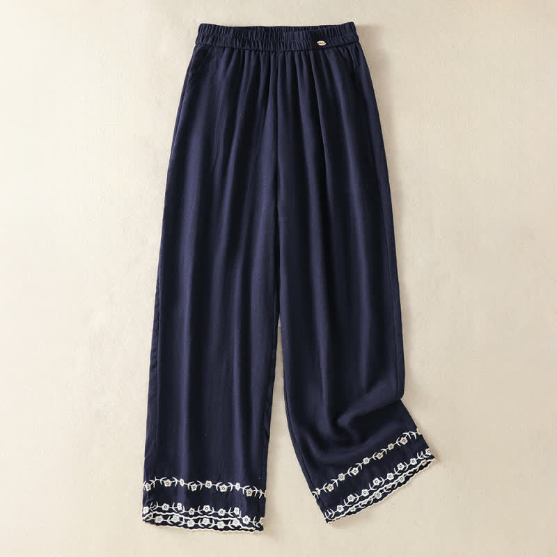 Nimara Ritual Summer Casual Vintage Embroidery Floral Cropped Pants Women's Straight Leg Pants With Pocket