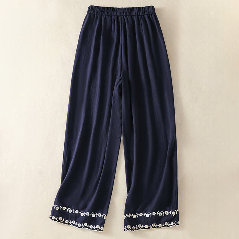 Nimara Ritual Summer Casual Vintage Embroidery Floral Cropped Pants Women's Straight Leg Pants With Pocket