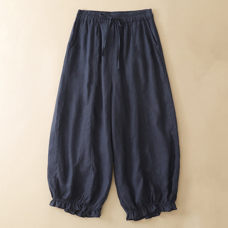 Nimara Ritual Summer Casual Drawstring Solid Ruffle Hem Cropped Pants Women's Harem Pants With Pocket