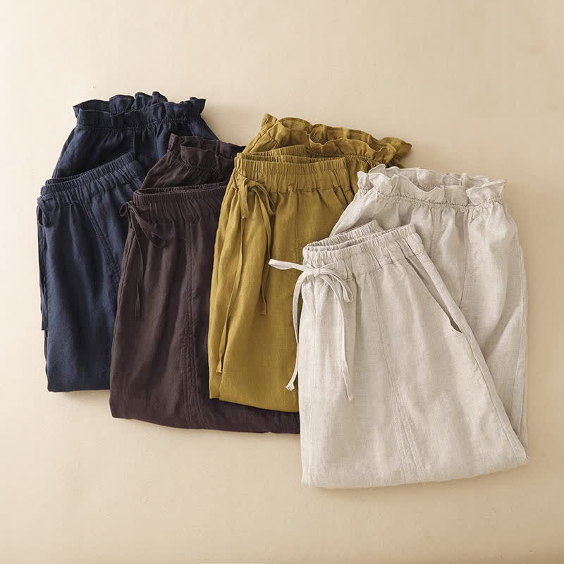 Nimara Ritual Summer Casual Drawstring Solid Ruffle Hem Cropped Pants Women's Harem Pants With Pocket