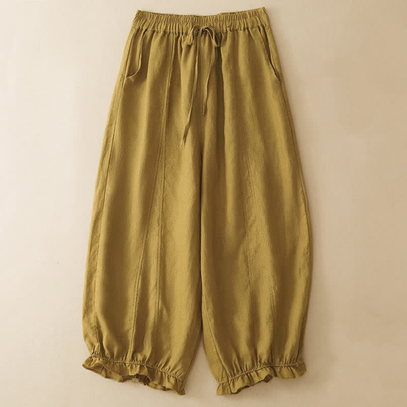 Nimara Ritual Summer Casual Drawstring Solid Ruffle Hem Cropped Pants Women's Harem Pants With Pocket