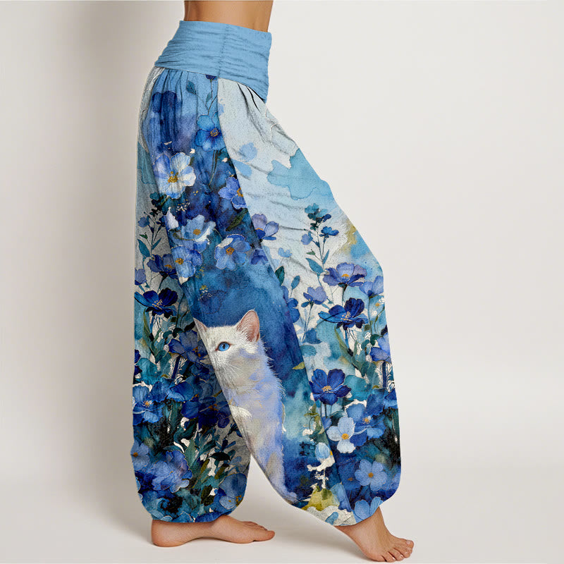 Nimara Ritual Pure Cotton Floral White Cat Pattern Women's Elastic Waist Harem Pants