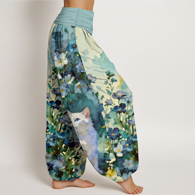 Nimara Ritual Pure Cotton Floral White Cat Pattern Women's Elastic Waist Harem Pants