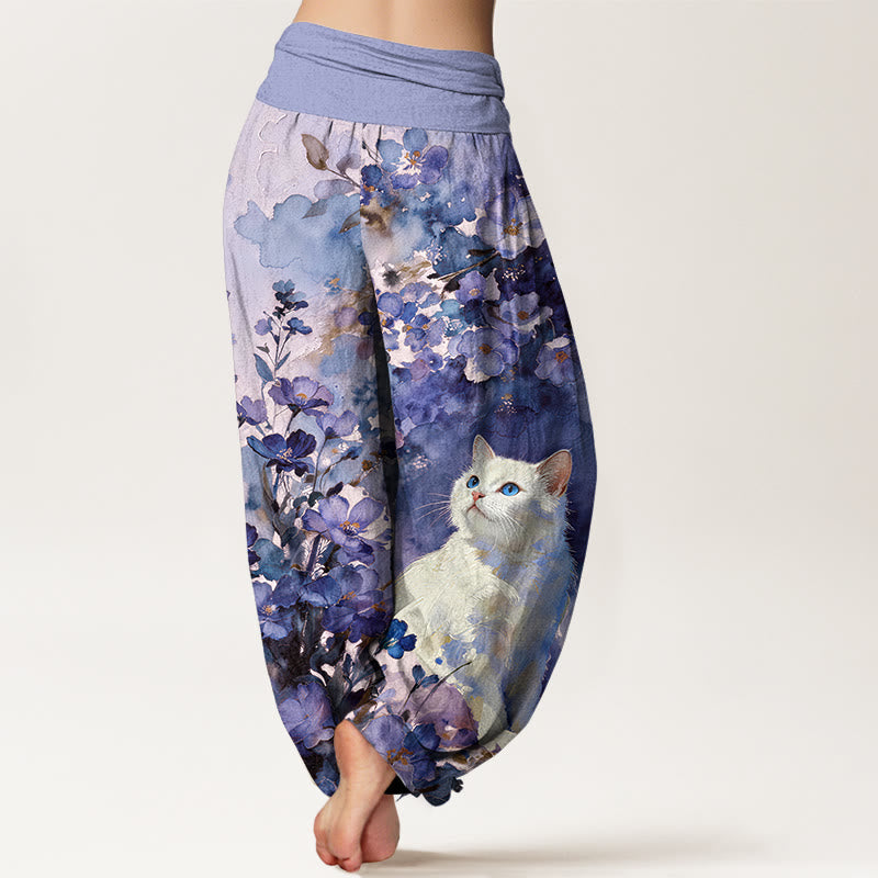 Nimara Ritual Pure Cotton Floral White Cat Pattern Women's Elastic Waist Harem Pants