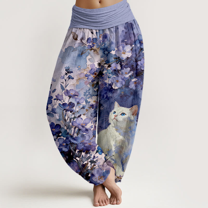 Nimara Ritual Pure Cotton Floral White Cat Pattern Women's Elastic Waist Harem Pants
