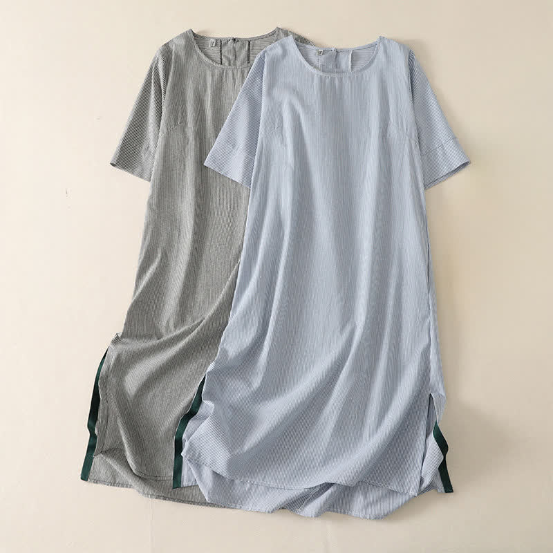 Nimara Ritual Summer Casual Simple Side Slit Striped Women's Short Sleeve Dresses With Pocket