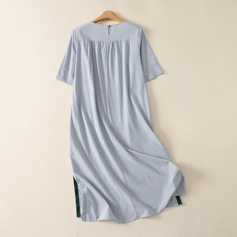 Nimara Ritual Summer Casual Simple Side Slit Striped Women's Short Sleeve Dresses With Pocket