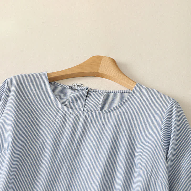Nimara Ritual Summer Casual Simple Side Slit Striped Women's Short Sleeve Dresses With Pocket