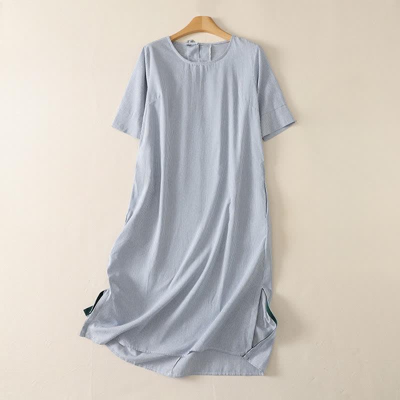 Nimara Ritual Summer Casual Simple Side Slit Striped Women's Short Sleeve Dresses With Pocket