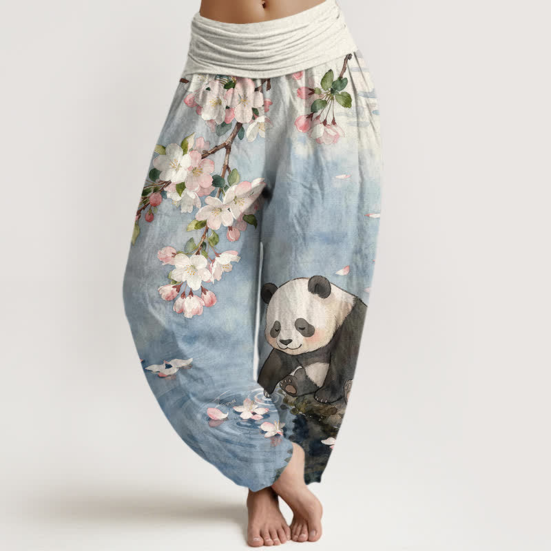 Nimara Ritual Pure Cotton Cherry Blossom Panda Pattern Women's Elastic Waist Harem Pants