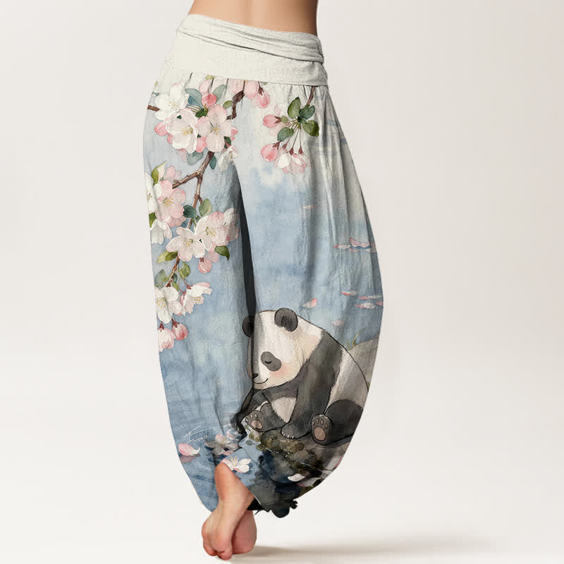 Nimara Ritual Pure Cotton Cherry Blossom Panda Pattern Women's Elastic Waist Harem Pants