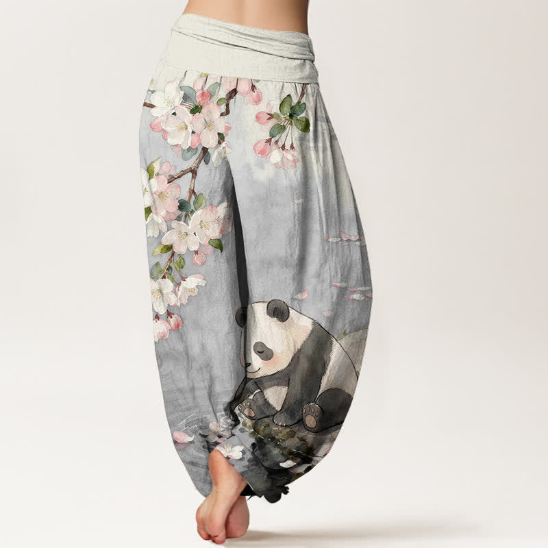 Nimara Ritual Pure Cotton Cherry Blossom Panda Pattern Women's Elastic Waist Harem Pants
