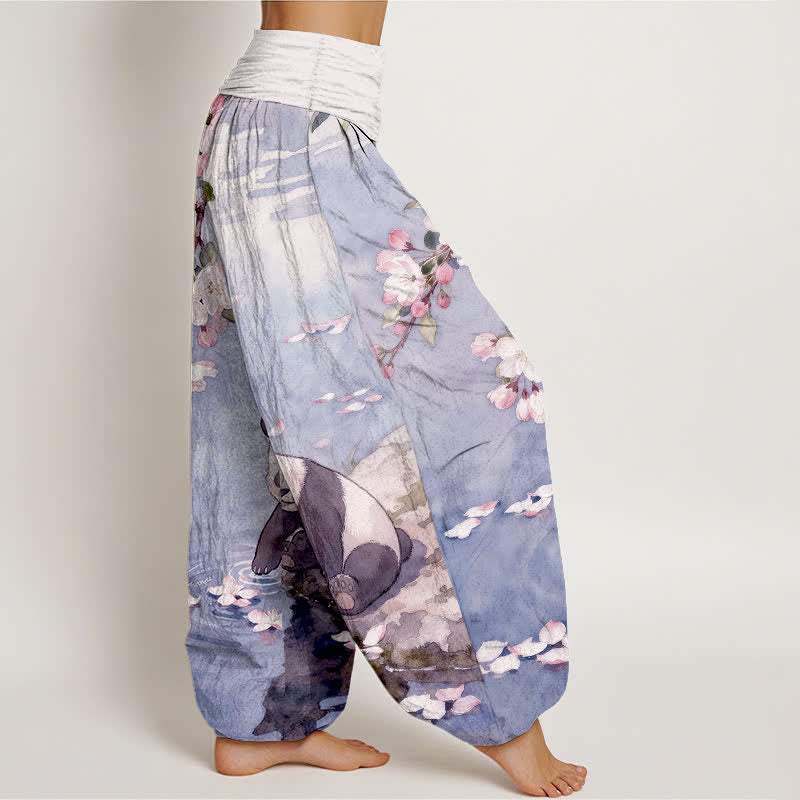 Nimara Ritual Pure Cotton Cherry Blossom Panda Pattern Women's Elastic Waist Harem Pants