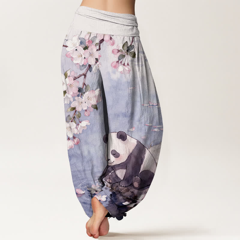 Nimara Ritual Pure Cotton Cherry Blossom Panda Pattern Women's Elastic Waist Harem Pants