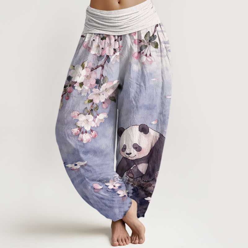 Nimara Ritual Pure Cotton Cherry Blossom Panda Pattern Women's Elastic Waist Harem Pants