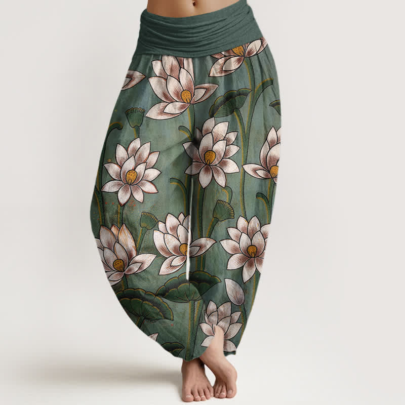Nimara Ritual Pure Cotton Lotus Bloom Pattern Women's Elastic Waist Harem Pants