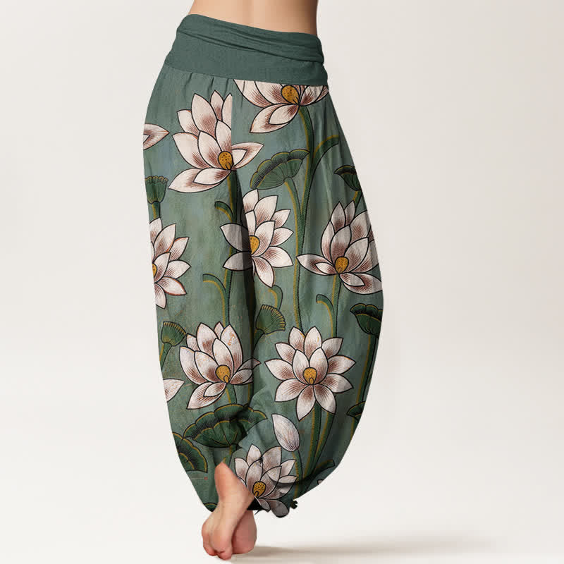 Nimara Ritual Pure Cotton Lotus Bloom Pattern Women's Elastic Waist Harem Pants