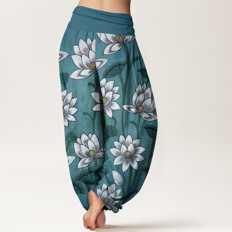 Nimara Ritual Pure Cotton Lotus Bloom Pattern Women's Elastic Waist Harem Pants