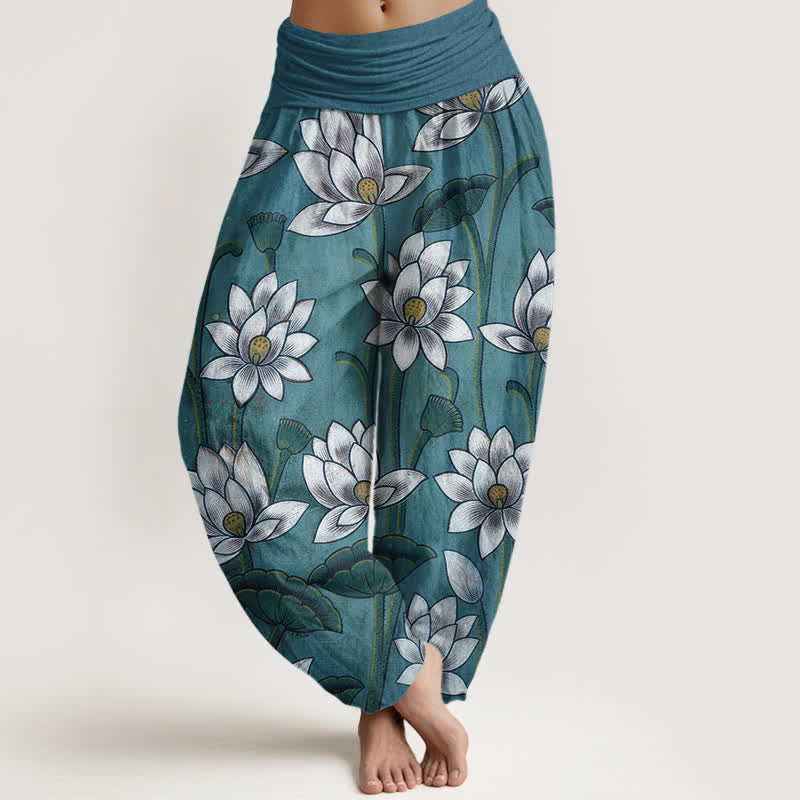 Nimara Ritual Pure Cotton Lotus Bloom Pattern Women's Elastic Waist Harem Pants